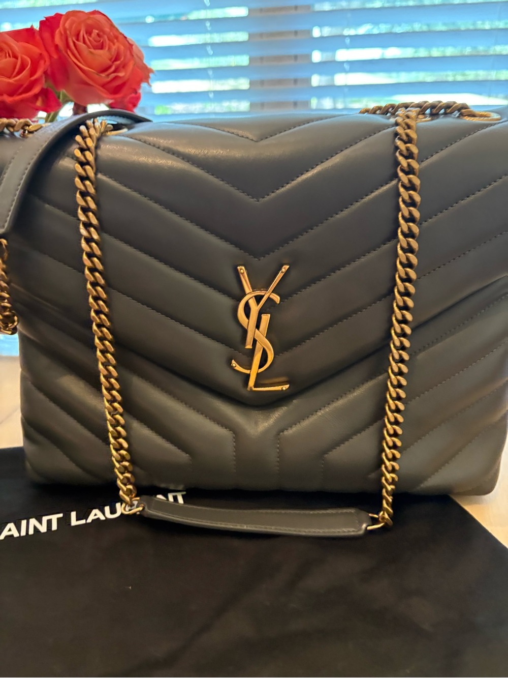 Saint Laurent Chevron Quilted Shoulder Bag - Gray with Gold Hardware